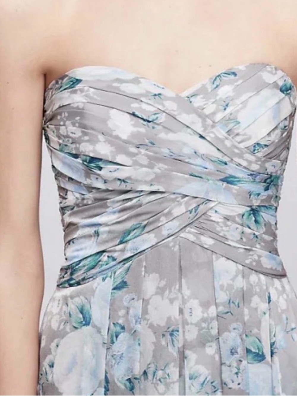 David's Bridal Strapless Floral Chiffon Dress in Gray and Blue-Green